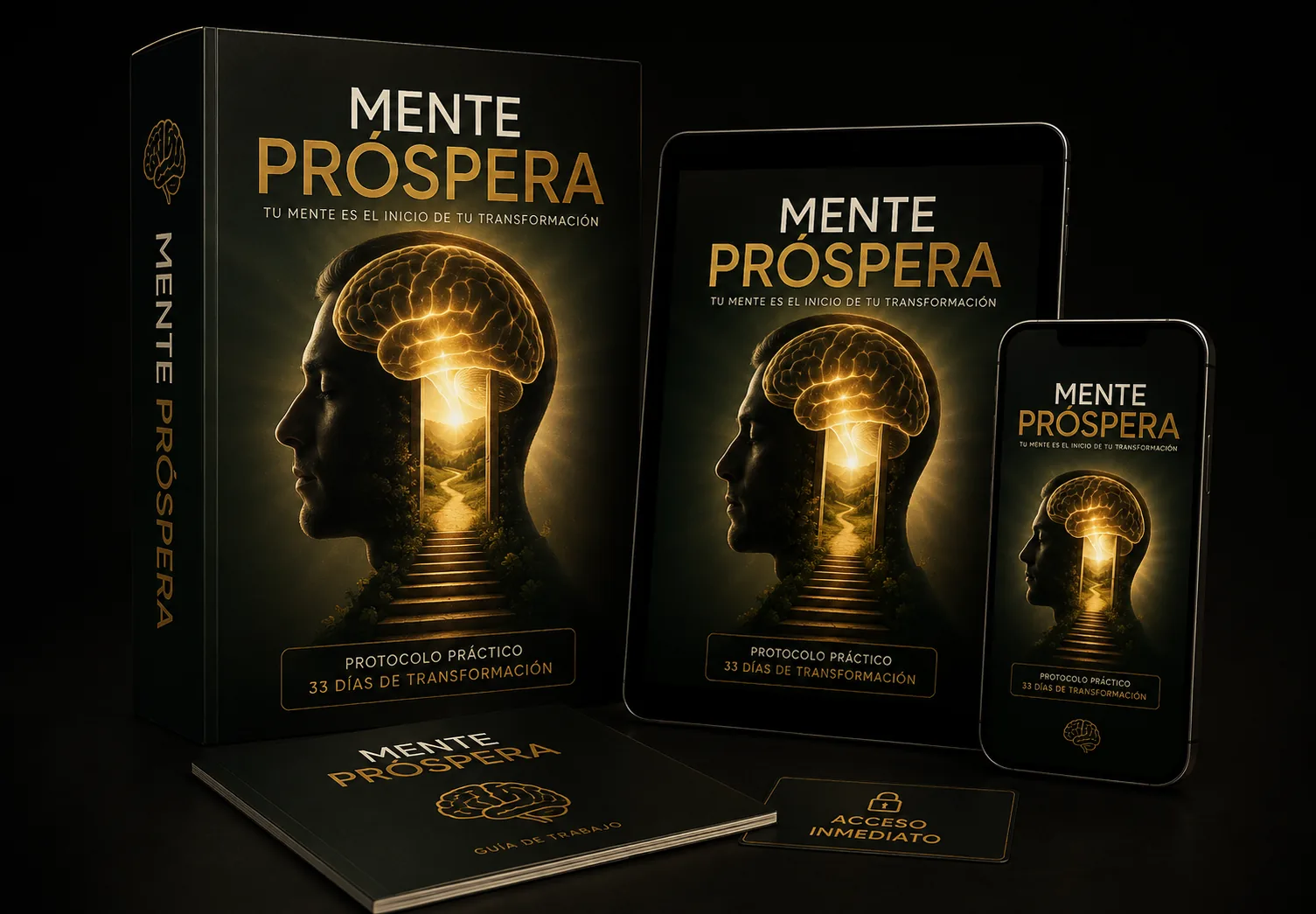 Mente Próspera — protocolo práctico de 30 días, disponible en caja, tablet, teléfono y guía de trabajo impresa